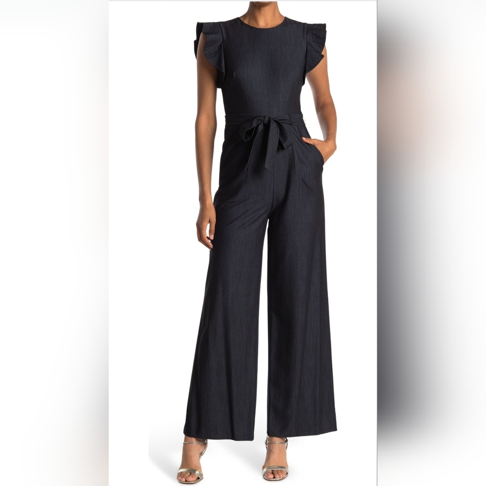 Calvin Klein Collection Denim Wide-Leg Jumpsuit with V-Neck